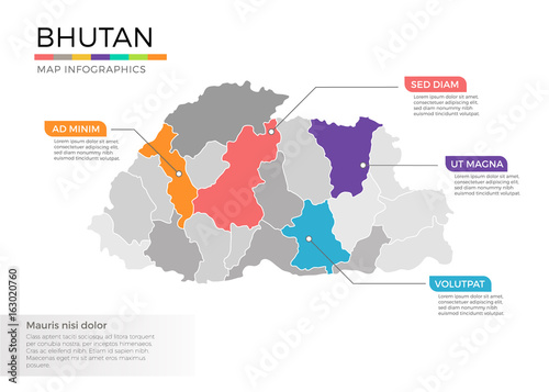 Bhutan map infographics vector template with regions and pointer marks