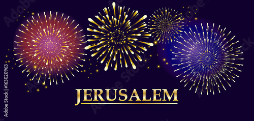 Jerusalem gold text design vector isolated. Realistic festive firework bursting shapes burst sparkles, shiny stars night background. Jewish National Holiday celebrate. Festival Israel