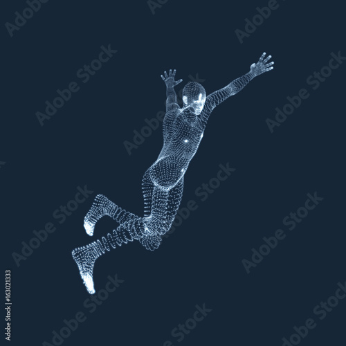 Running Man. Human with arm up. Silhouette for sport championship. The victory celebration. 3D Model of Man. Vector Illustration.