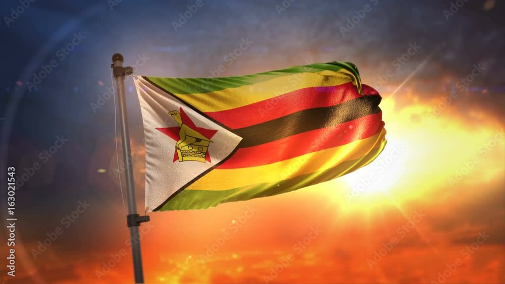 Zimbabwe Flag Backlit At Beautiful Sunrise Loop Slow Motion 4K