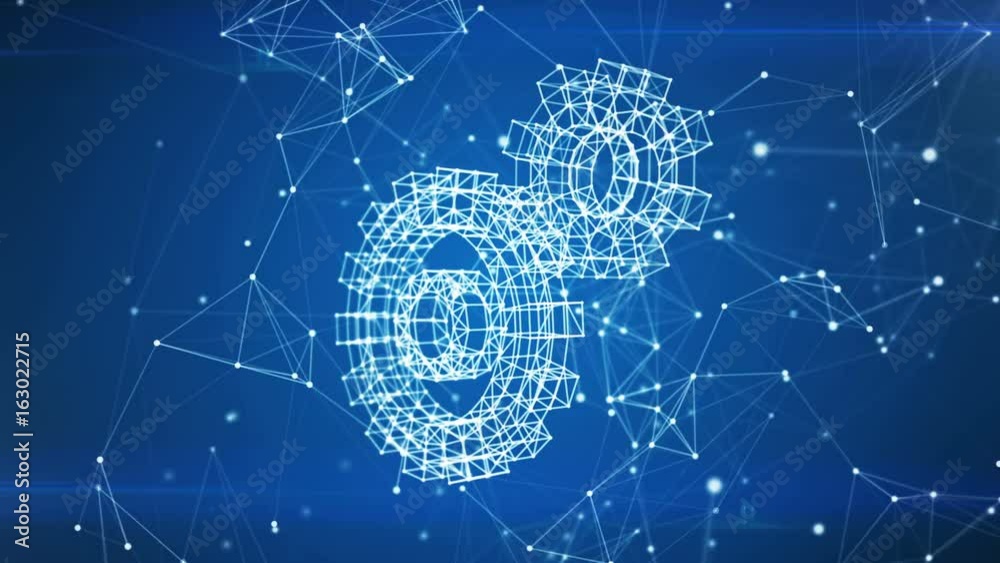 Working Gears Icon Appearing in Network Cloud from Lines and Dots. Symbol Forming from Particles. Looped 3d Animation. Loop from 100 to 500 frames. Business and Technology Concept. 4k UHD 3840x2160.