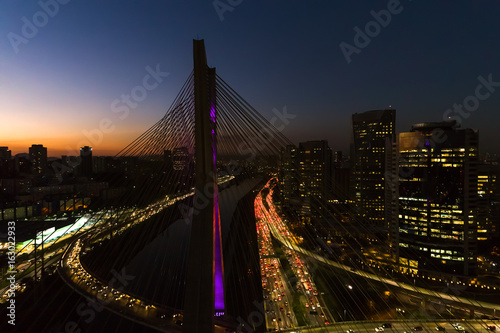 Aerial View of Estaiada Bridge in a Beautiful Evening Hour in Sao Paulo  Brazil