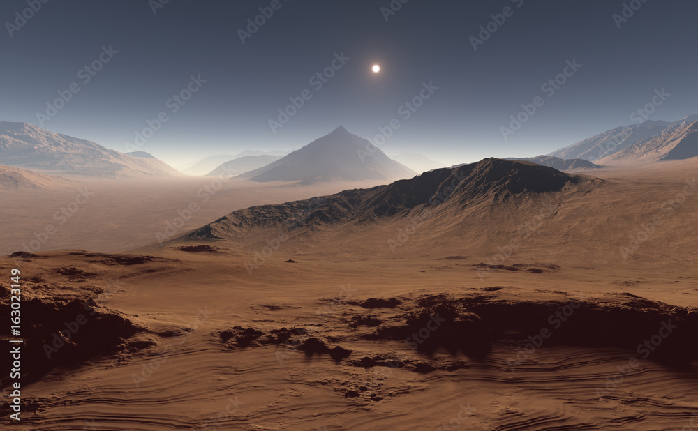 Sunset on Mars. Martian landscape. 3D illustration