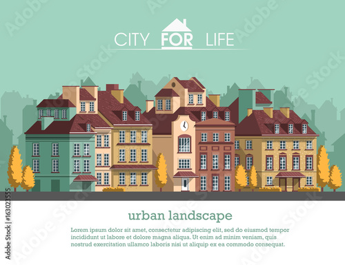 European city with historical buildings. Traditional architecture landscape. Flat vector illustration. 3d style.