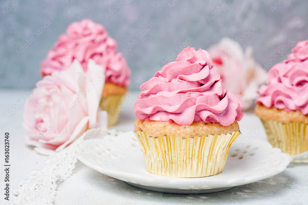 Pink Wedding cake with roses and macaroons. Holiday celebration concept. Top view, flat lay Pink Wedding cake with roses and macaroons. Holiday celebration concept. Top view, flat lay