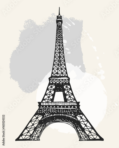 Fototapeta Naklejka Na Ścianę i Meble -  Eiffel Tower in Paris vector illustration, hand drawn famous french landmark silhouette on a watercolor splashes background
