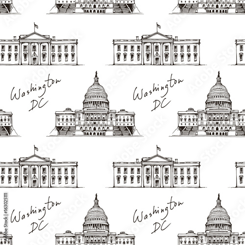 Seamless pattern with White House and Capitol Building in Washington DC, USA with text