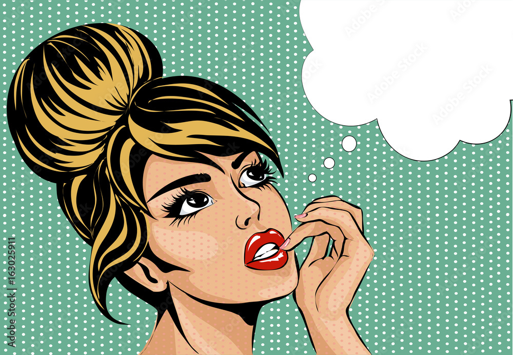 Pop Art Vintage Comic Style Woman With Open Eyes Dreaming Female Portrait With Speech Bubble