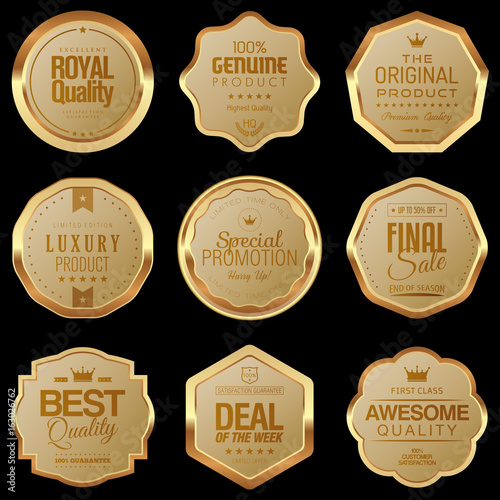 Set of golden icons. Luxury advertising badges.