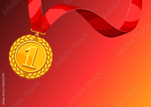 Realistic gold medal for first place. Background with place for text award for sports or corporate competitions