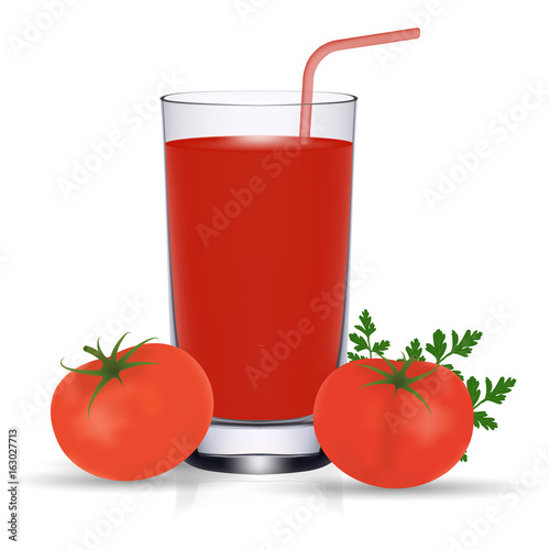 Set Of Tomato Juice And Fresh Ripe Tomatos Isolated On A White Background.