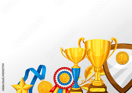 Realistic gold cup and other awards. Background with place for text for sports or corporate competitions