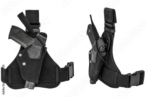 The gun in the holster. Isolated