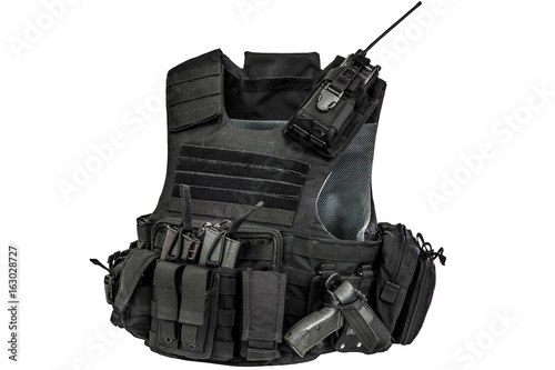 A bulletproof vest made from high-tech fabric with quick connection system, close up, isolated