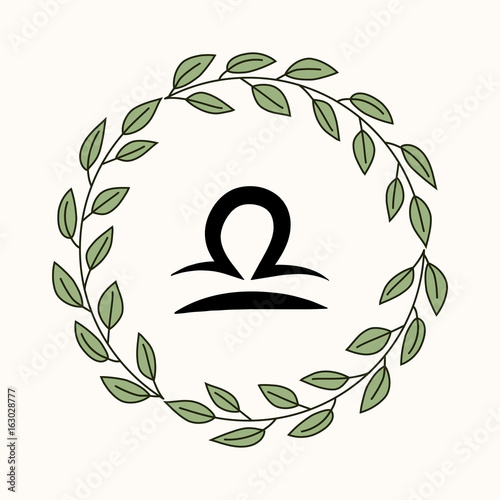 Hand drawing flat libra symbol in rustic floral wreath