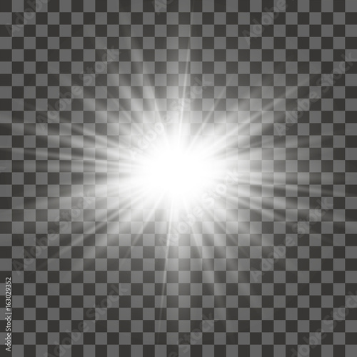 White glowing light burst explosion with transparent. Vector illustration for cool effect decoration with ray sparkles. Bright star. Transparent shine gradient glitter, bright flare. Glare texture.