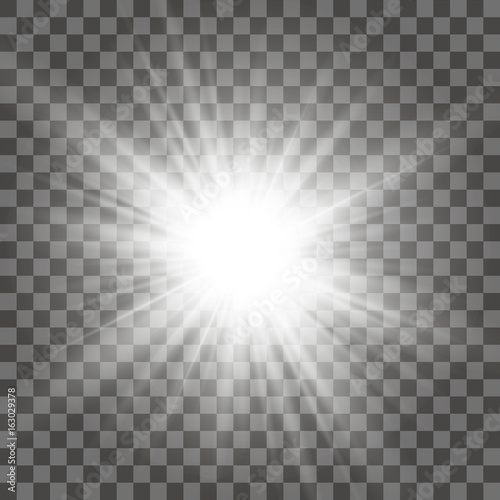 White glowing light burst explosion with transparent. Vector illustration for cool effect decoration with ray sparkles. Bright star. Transparent shine gradient glitter  bright flare. Glare texture.