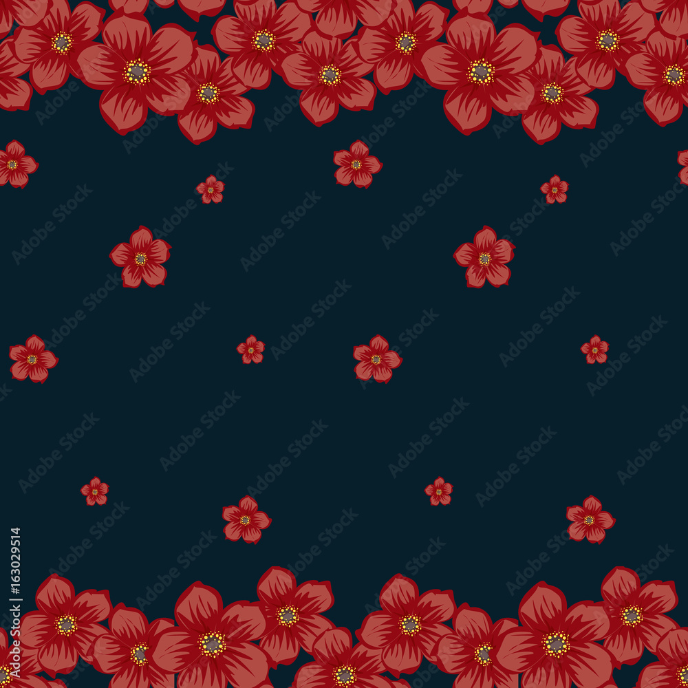 Seamless floral pattern. Background in small red flowers on a blue background for textiles, fabric, cotton fabric, cover, wallpaper, stamp, gift wrap, postcard. Seamless floral pattern. Background in small red flowers on a blue background for textiles, fabric, cotton fabric, cover, wallpaper, stamp, gift wrap, postcard.