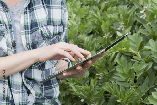 Fingers Tapping a Tablet Computer with Plants in Background