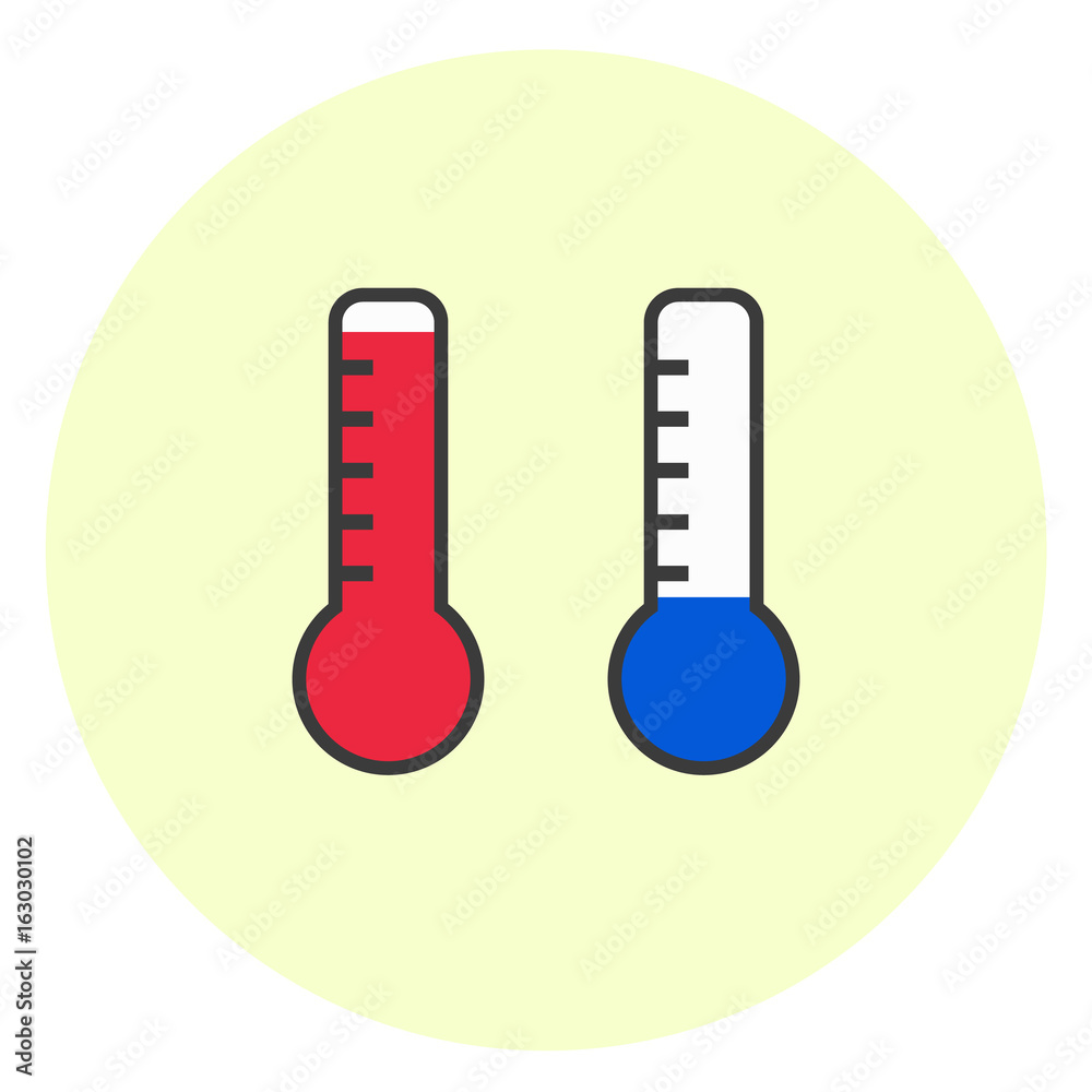 Flat simple hot and cold temperature icons. Minimalistic weather thermometer symbol