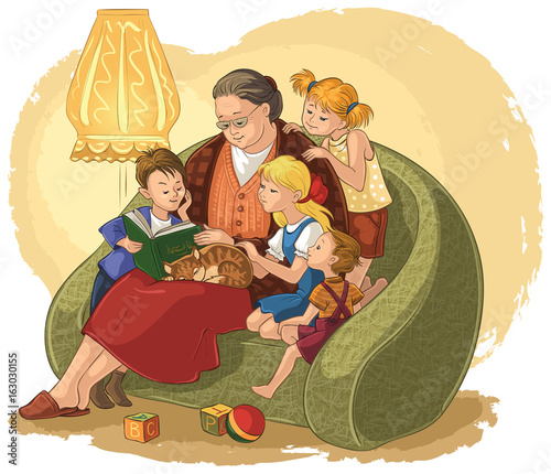 Illustration of grandchildren listening their grandmother reading a book fairy tales