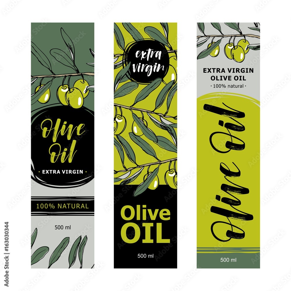 Olive oil labels collection. Hand drawn vector illustration templates ...