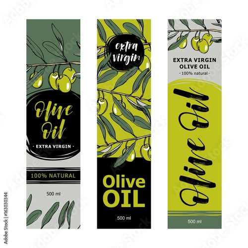 Olive oil labels collection. Hand drawn vector illustration templates for olive oil packaging.
