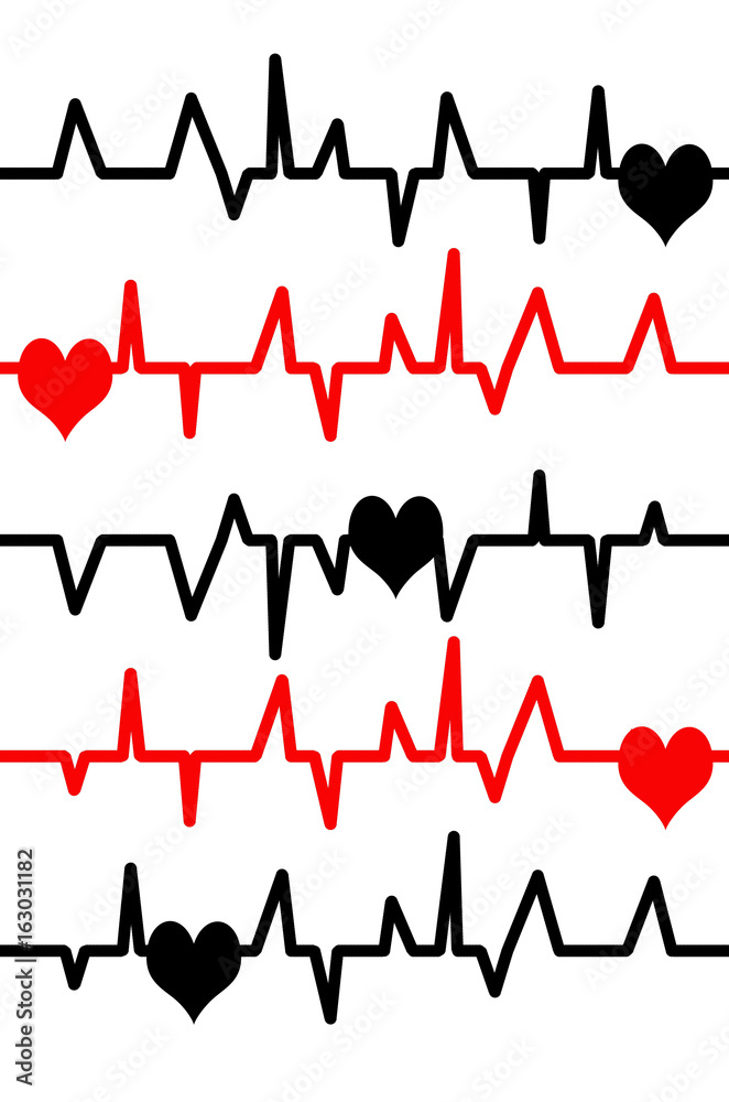  Fondo negro con dibujos de electrocardiograma y corazones ilustración de Stock