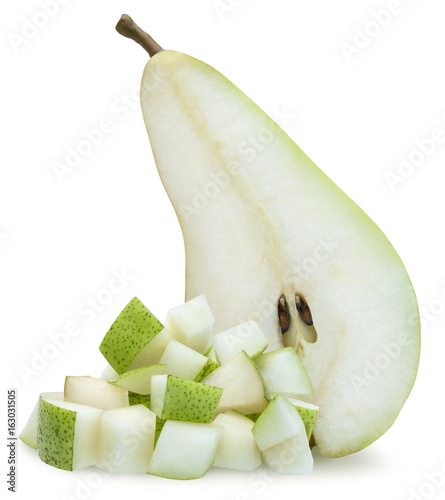 Fotografi Half and diced pear on white