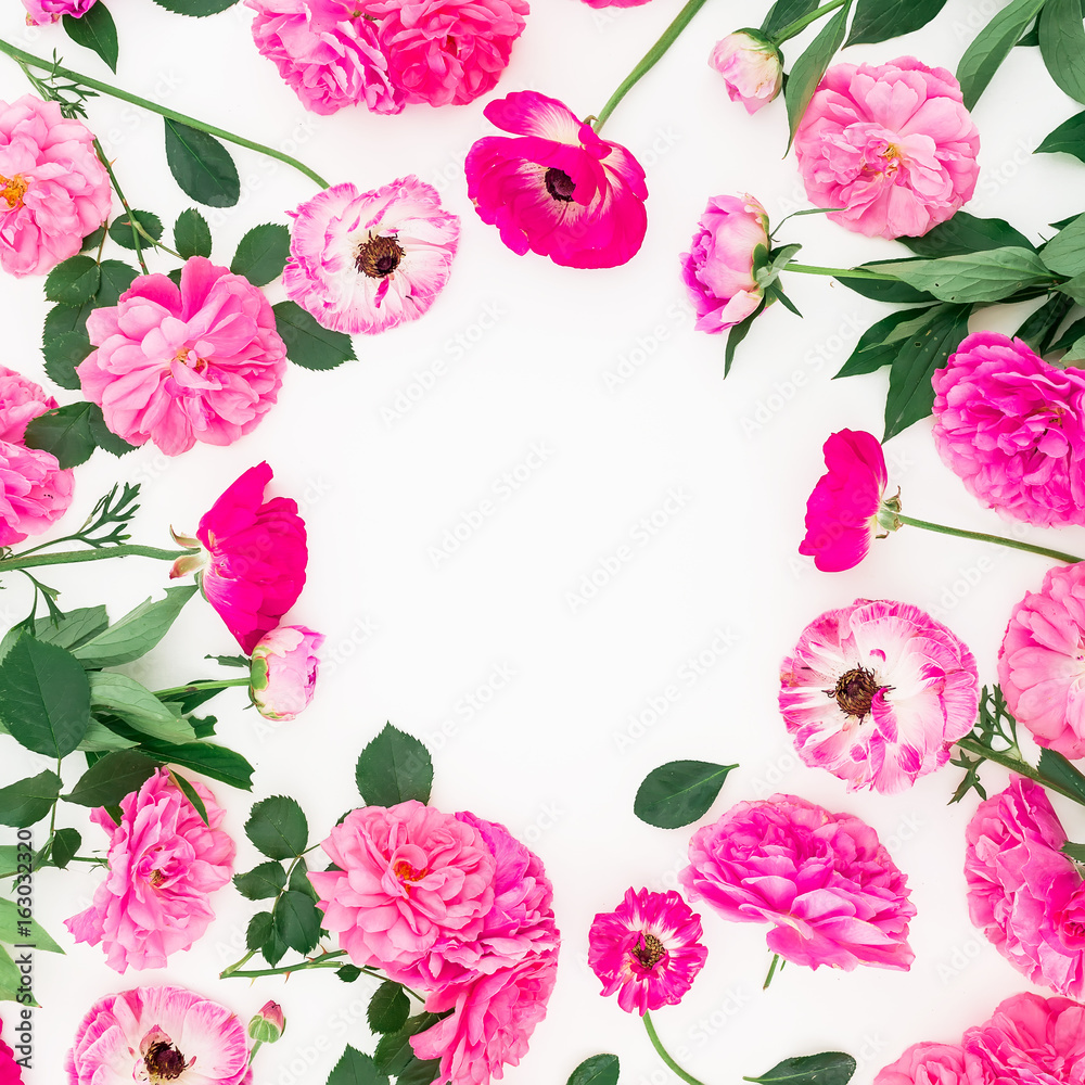 Floral frame made of roses, peonies and leaves on white background. Flat lay, top view. Floral lifestyle composition.