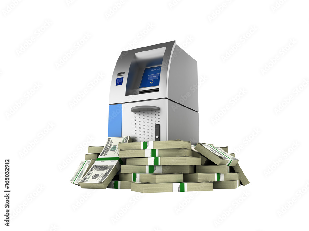 ATM surrounded by 100 dollar bankrolls Bank Cash Machine in pile of money american dollar bills isolated on white background 3d without shadow ATM surrounded by 100 dollar bankrolls Bank Cash Machine in pile of money american dollar bills isolated on white background 3d without shadow