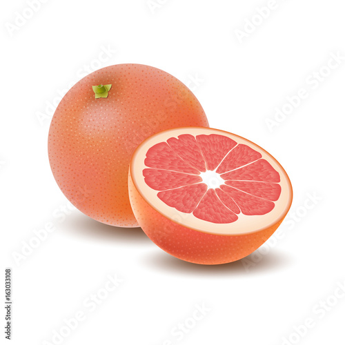 Isolated colored group of grapefruits, half and whole juicy fruit with shadow on white background. Realistic citrus.