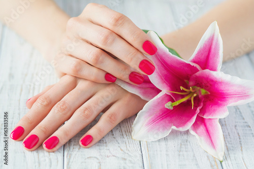 Beautiful woman hands with pink manicure and lily, spa beauty treatment