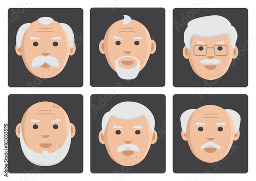 Flat set of old men on gray background, avatar, vector illustration