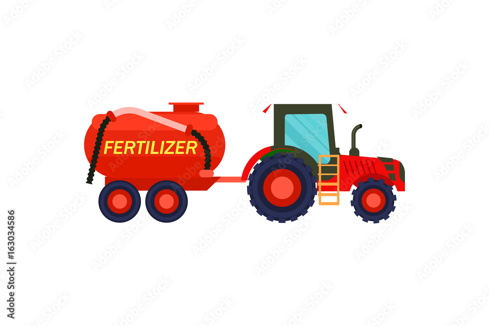 Tractor with fertilizer barrel icon. Rural industrial farm equipment machinery, agricultural vehicle isolated vector illustration in flat design. Tractor with fertilizer barrel icon. Rural industrial farm equipment machinery, agricultural vehicle isolated vector illustration in flat design.