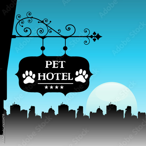Colorful background with a plate with the text pet hotel hanging from a building