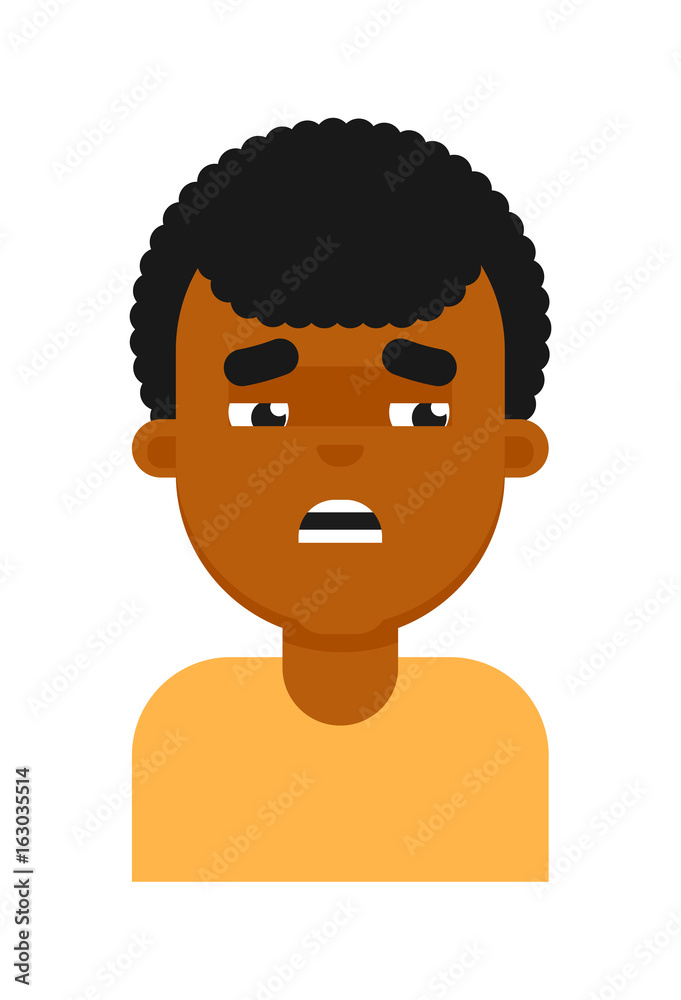 Tired facial expression of black boy avatar. Young african man face, people emoticon icon, emoji vector illustrations isolated on white background. Tired facial expression of black boy avatar. Young african man face, people emoticon icon, emoji vector illustrations isolated on white background.