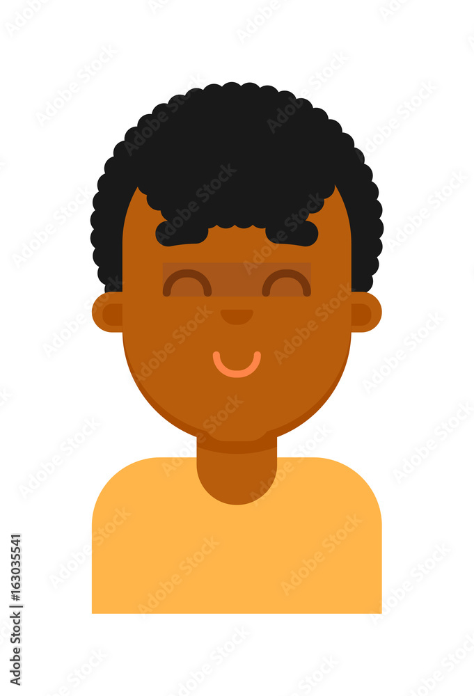 Satisfied facial expression of black boy avatar. Young african man face, people emoticon icon, emoji vector illustrations isolated on white background. Satisfied facial expression of black boy avatar. Young african man face, people emoticon icon, emoji vector illustrations isolated on white background.