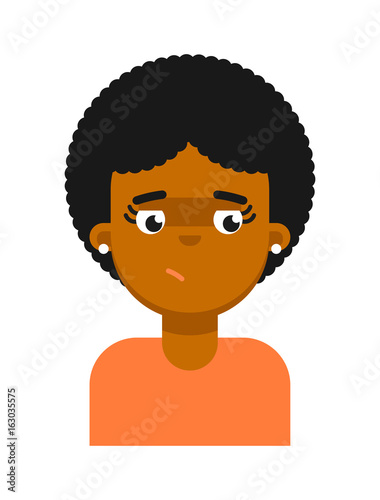 Dreamy facial expression of black girl avatar. Young african woman face, people emoticon icon, emoji vector illustrations isolated on white background.