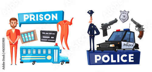 Police and prison. Cartoon vector illustration