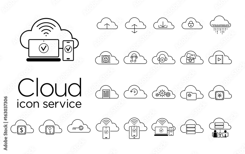 Vector set of icons. Cloud service simple lines icons internet site mobile interface office security bank download space disks network Vector set of icons. Cloud service simple lines icons internet site mobile interface office security bank download space disks network