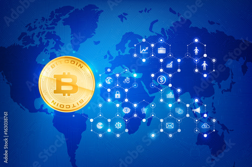 Abstract dark blue background bitcoin concept with print circuit board world map and lighting element vector illustration eps10 002