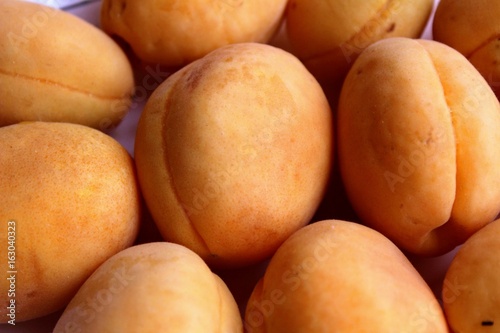 Fresh apricots are a group and individually on the plate and in a human hand.