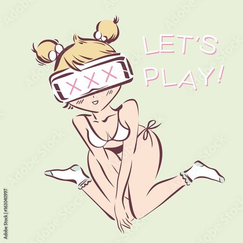 Sexy girl in virtual reality glasses, adult VR advertising concept. Vector illustration. Lets play lettering