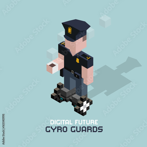 Policeman riding electric gyroscooter. Cubes composition isometric vector illustration of modern device gyro scooter. Cop with cup of coffee on personal city transport. Gyro guards