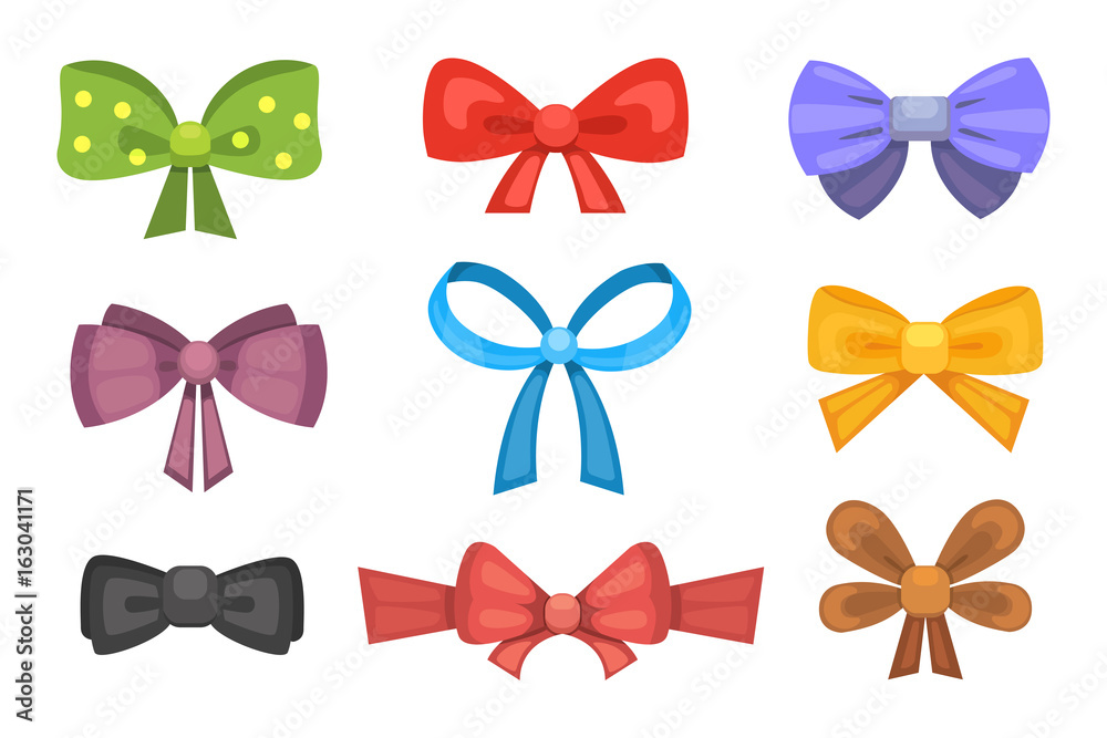 Cartoon cute gift bows with ribbons. color butterfly tie Cartoon cute gift bows with ribbons. color butterfly tie