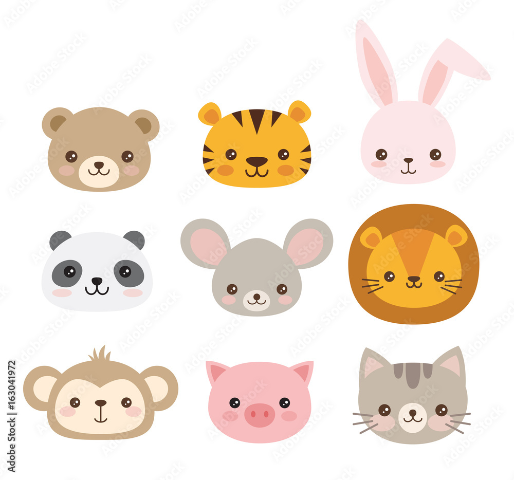 Cute animal faces. A set of vector illustrations of cartoon animal heads  including bear, pig, mouse, monkey, panda, lion, tiger, rabbit, cat. Stock  Vector | Adobe Stock