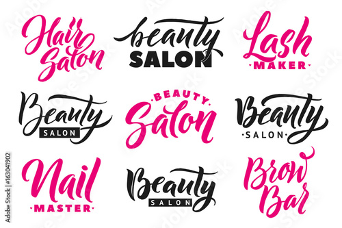 Logo Beauty Salon Lettering Set. Custom handmade calligraphy, vector