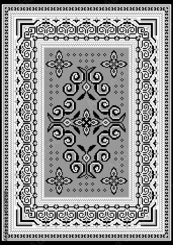 Vintage rug with an ethnic black and white pattern on the grey in the middle and on the white on the sides
