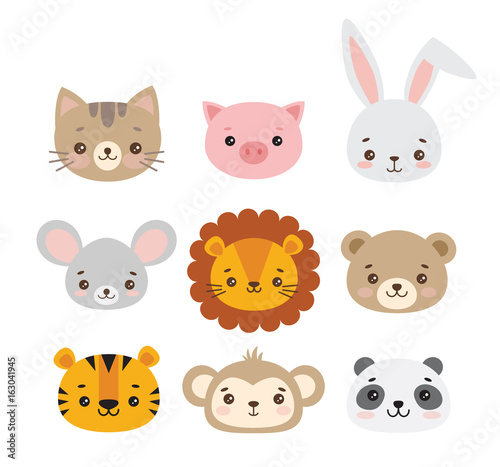 Set of vector animal faces. Illustrations of cute animal heads. Smiling animals. Children cartoons. Lion, tiger, cat, rabbit, mouse, monkey, panda, bear, pig.